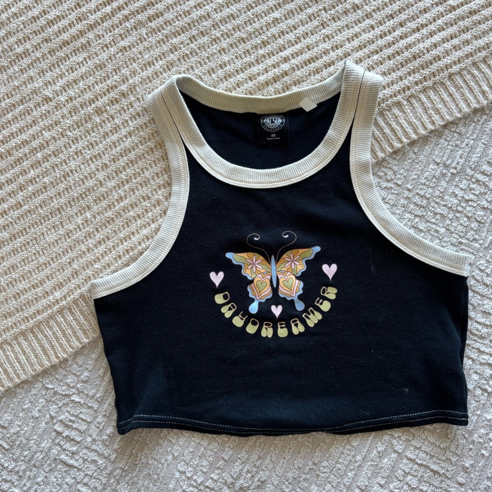 Pacsun Butterfly Daydreamer Top Graphic Design Black Retro Crop